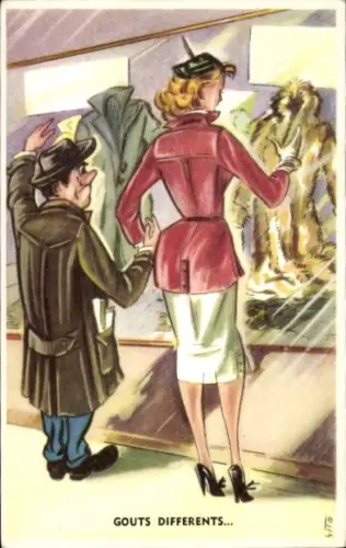 Künstler Ak Mann und Frau vor einem Schaufenster, Unterschiedliche Geschmäcker