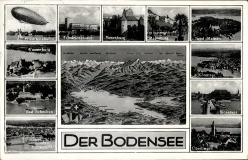 Ak Lindau am Bodensee Schwaben, Hafeneinfahrt, Zeppelin, Friedrichshafen, Meersburg, Landkarte