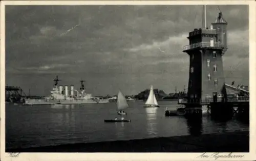 Ak Kiel, Hafenansicht, Signalstation, Segelboote, Kriegsschiff