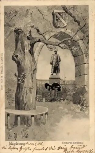 Ak Magdeburg an der Elbe, Bismarck-Denkmal, Statue, Baum, Steinbogen, Magdeburg