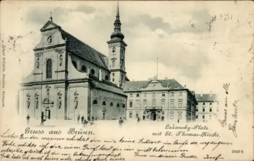 Ak Brno Brünn Südmähren, St. Thomas-Kirche, Pašansky-Platz, Menschen auf der Straße