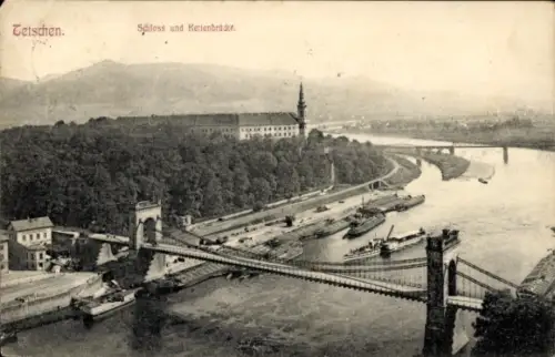 Ak Děčín Tetschen an der Elbe Region Aussig, Schloss und Rettenbrücke,  Fluss, Schiffe, Brücke