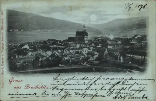 Ak Prachatice Prachatitz Südböhmen, Stadtansicht, Mondschein, Gruss aus Prachatitz