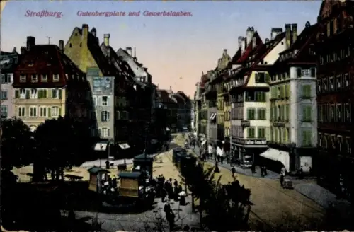 Ak Strasbourg Straßburg Elsass Bas Rhin,  Gutenbergplatz, Gewerbslauben, Straßenbahn, Geschäfte