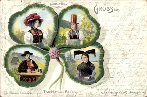 Kleeblatt Litho Trachten aus Baden, Renchtäler, Markgräflerin