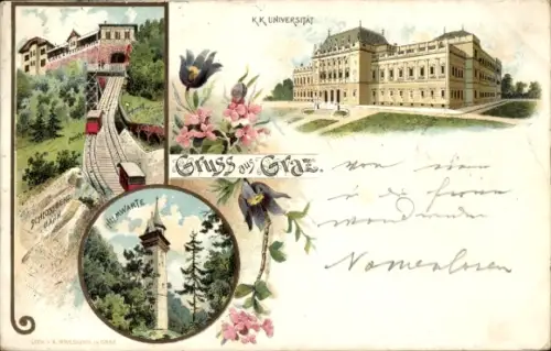 Litho Graz Steiermark, K. K. Universität, Schlossbergbahn, Standseilbahn, Hilmwarte