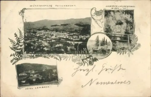 Ak Mürzzuschlag Steiermark, Totalansicht, Hotel Lambach, Denkmal