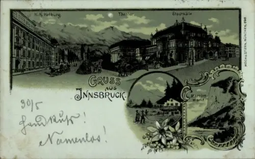 Mondschein Litho Innsbruck in Tirol, k.k. Hofburg, Theater, Stadtsäle, Martinswand