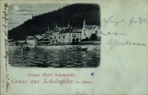 Mondschein Ak Achenkirch Tirol, Grand Hotel Scholastika am Achensee