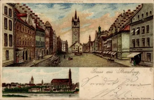 Litho Straubing an der Donau Niederbayern, Ludwigsplatz, Stadtansicht, Kirche
