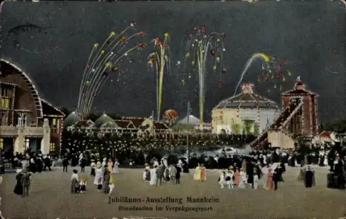Ak Mannheim in Baden, Jubiläumsausstellung 1907, Illumination im Vergnügungspark, Feuerwerk