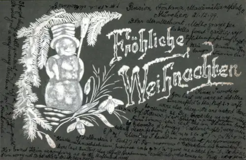 Ak Glückwunsch Weihnachten, Schneemann und Tannenbaumzweig