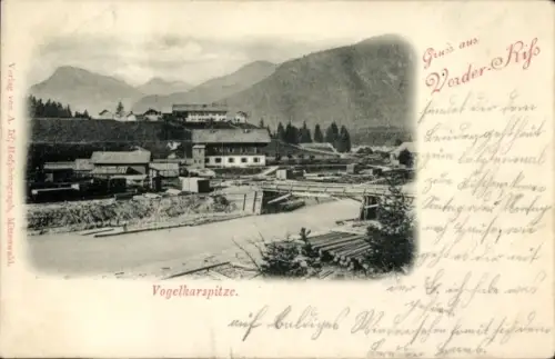 Ak Vorderriß Vorderriss Lenggries in Oberbayern, Teilansicht, Vogelkarspitze