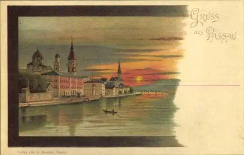 Litho Passau in Niederbayern, Teilansicht bei Dämmerung