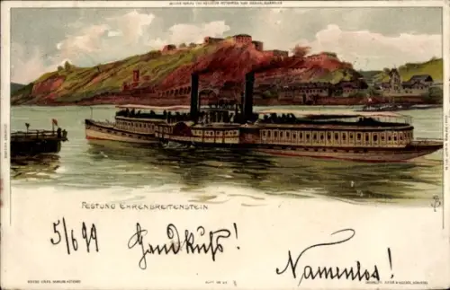 Künstler Litho Bilse, Ehrenbreitstein Koblenz am Rhein, Festung, Rheindampfer, In treuer Feindschaft