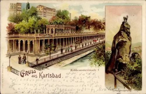 Litho Karlovy Vary Karlsbad Stadt, Mühlbrunnkolonnade, Hirschensprung