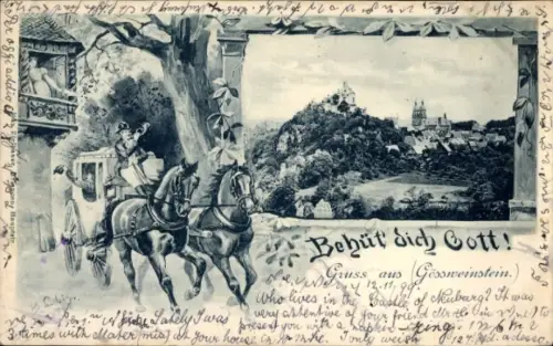 Passepartout Ak Gößweinstein im Kreis Forchheim Oberfranken, Postkutsche, Ortsansicht