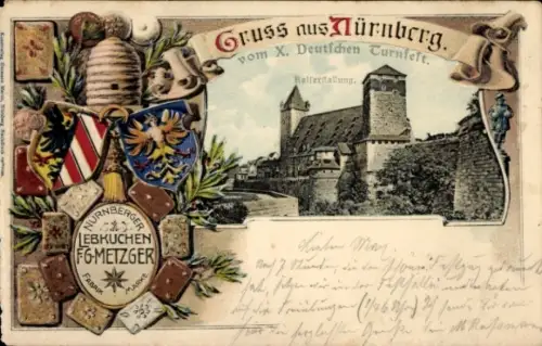 Passepartout Ak Nürnberg, X. Deutsches Turnfest, Kaiserstallung, Lebkuchen F. G. Metzger, Wappen
