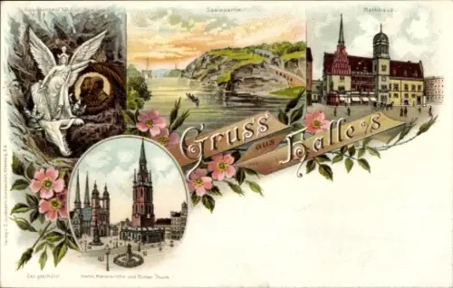 Litho Halle an der Saale, Rathaus, Markt, Marienkirche, Rother Thurm, Denkmal