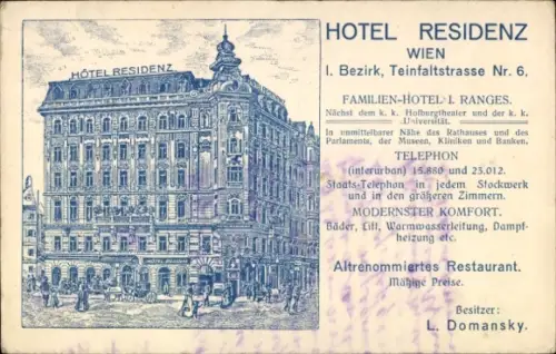 Litho Wien 1 Innere Stadt, Hotel Residenz, Teinfaltstraße 6