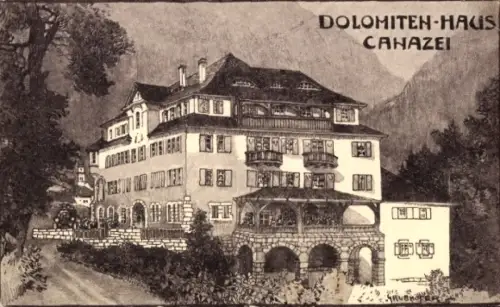 Künstler Ak Canazei Kanzenei Südtirol, Dolomiten-Haus
