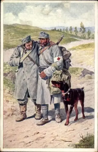Künstler Ak KuK Soldaten, Sanitäter, Sanitätshund