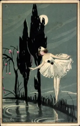 Künstler Ak Chiostri, Balletttänzerin am Teich, Nacht, Mond