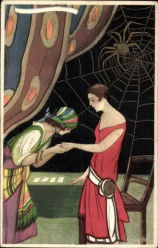 Künstler Ak Wahrsagerin beim Handlesen, Spinnennetz