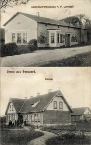 Ak Søgård Seegaard Dänemark, Kolonialwarenhandlung H. P. Lorenzen, Schule