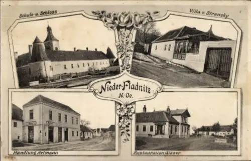 Ak Niederfladnitz Hardegg in Niederösterreich, Schule, Schloss, Villa von Stransky, Restauration