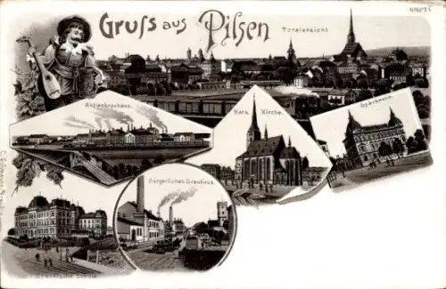 Litho Plzeň Pilsen Stadt, Aktienbrauhaus, Schule, Kirche, Sparkasse
