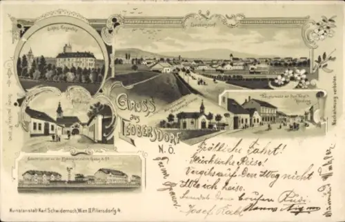 Litho Leobersdorf Niederösterreich, Gesamtansicht, Schloss, Kirche, Straßenpartie