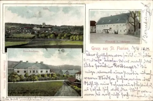 Ak St. Florian Oberösterreich, Stift, Krankenhaus, Geschäft J. Sterbenz