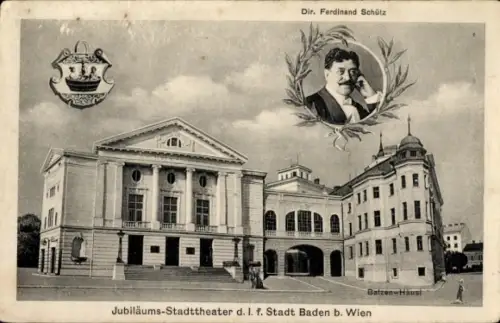 Wappen Ak Baden bei Wien in Niederösterreich, Jubiläums-Stadttheater, Dir. Ferdinand Schütz