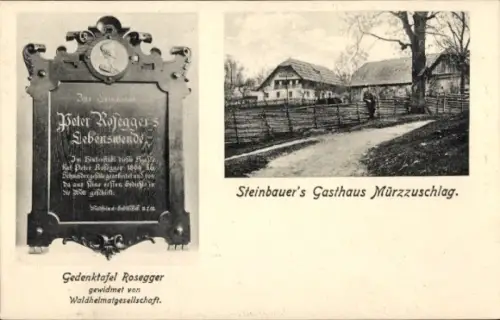 Ak Mürzzuschlag Steiermark, Steinbauers Gasthaus, Gedenktafel Rosegger