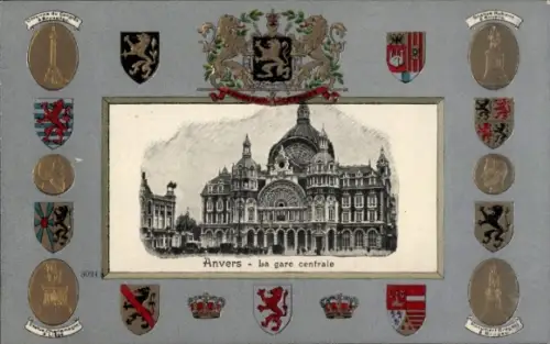 Präge Wappen Passepartout Ak Anvers Antwerpen Flandern, Bahnhof