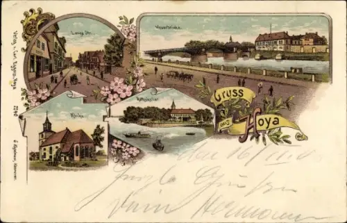 Litho Hoya an der Weser, Weserbrücke, Lange Straße, Kirche, Ratskeller