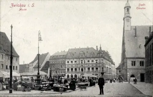 Ak Zwickau in Sachsen, Zwickau i. S., Markt, Stadt-Theater, Menschen, Marktstände