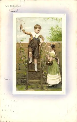 Litho Junge auf einer Leiter, Mädchen, Blumen