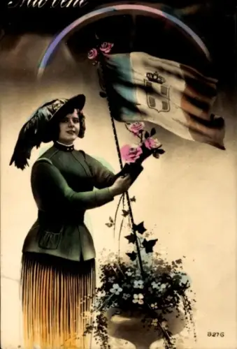 Ak Frau mit italienischer Fahne, Blumen