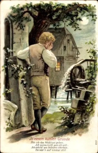 Präge Ak In einem kühlen Grunde, Junger Mann, Wassermühle, Mond