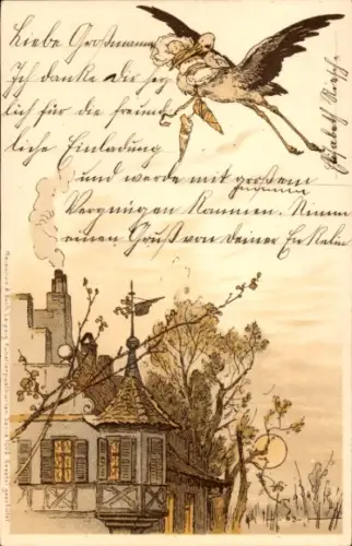 Künstler Ak Storch hat ein Kind mitgebracht, Geburt, Haus