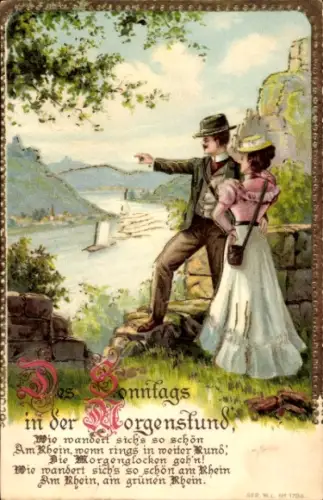 Litho Des Sonntags in der Morgenstund, Wanderer, Paar schaut über den Rhein
