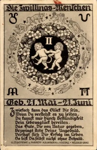 Ak Sternzeichen Zwillinge, Gemini, 21. Mai bis 21. Juni, Blumenkranz