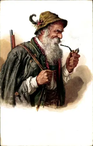 Künstler Ak Jäger in Jägertracht, Gewehr, Pfeife, Charakterköpfe, Weltol Reklame