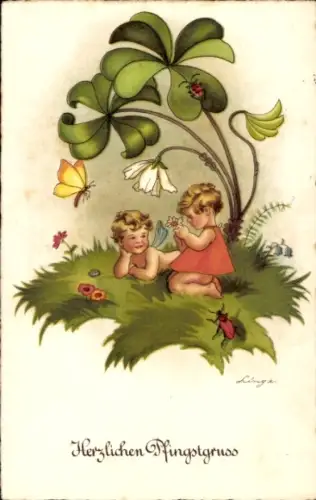 Künstler Ak Glückwunsch Pfingsten, Kinder, Marienkäfer, Schmetterling