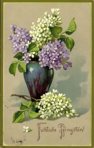 Ak Glückwunsch Pfingsten, Flieder, Blumenvase