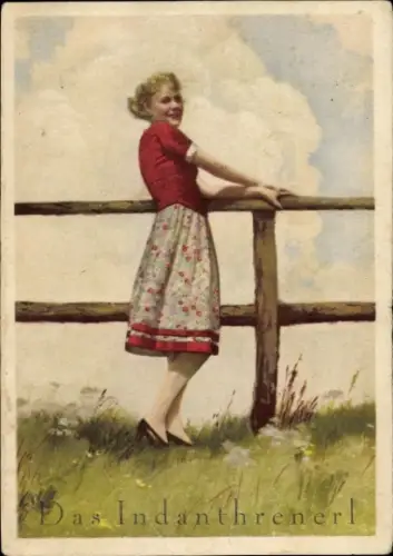 Künstler Ak Indanthren Reklame, Frau in rotem Kleid