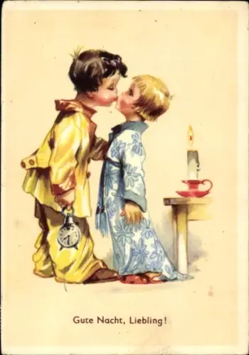 Künstler Ak Gute Nacht, Liebling! Ein Junge und ein Mädchen küssen sich.