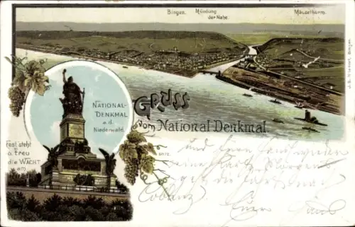 Ak Bingen am Rhein, NATIONALDENKMAL, Mäusethurm, Rheinlandschaft, Weintrauben